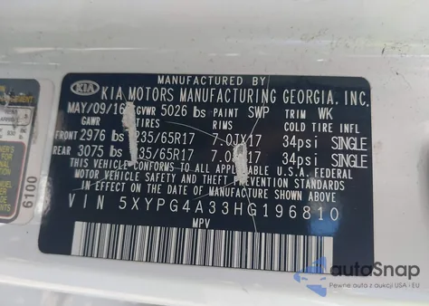 2017 Kia Sorento 2.4L Lx from USA, damaged, VIN 5XYPG4A33HG196810